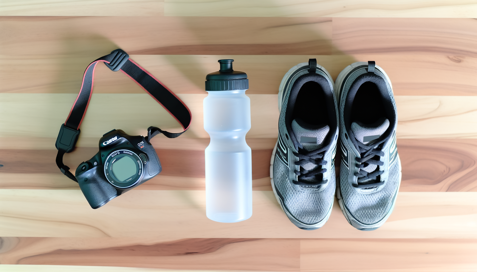 Reloj GPS de running mostrando datos de ritmo junto a zapatillas de correr sobre una mesa