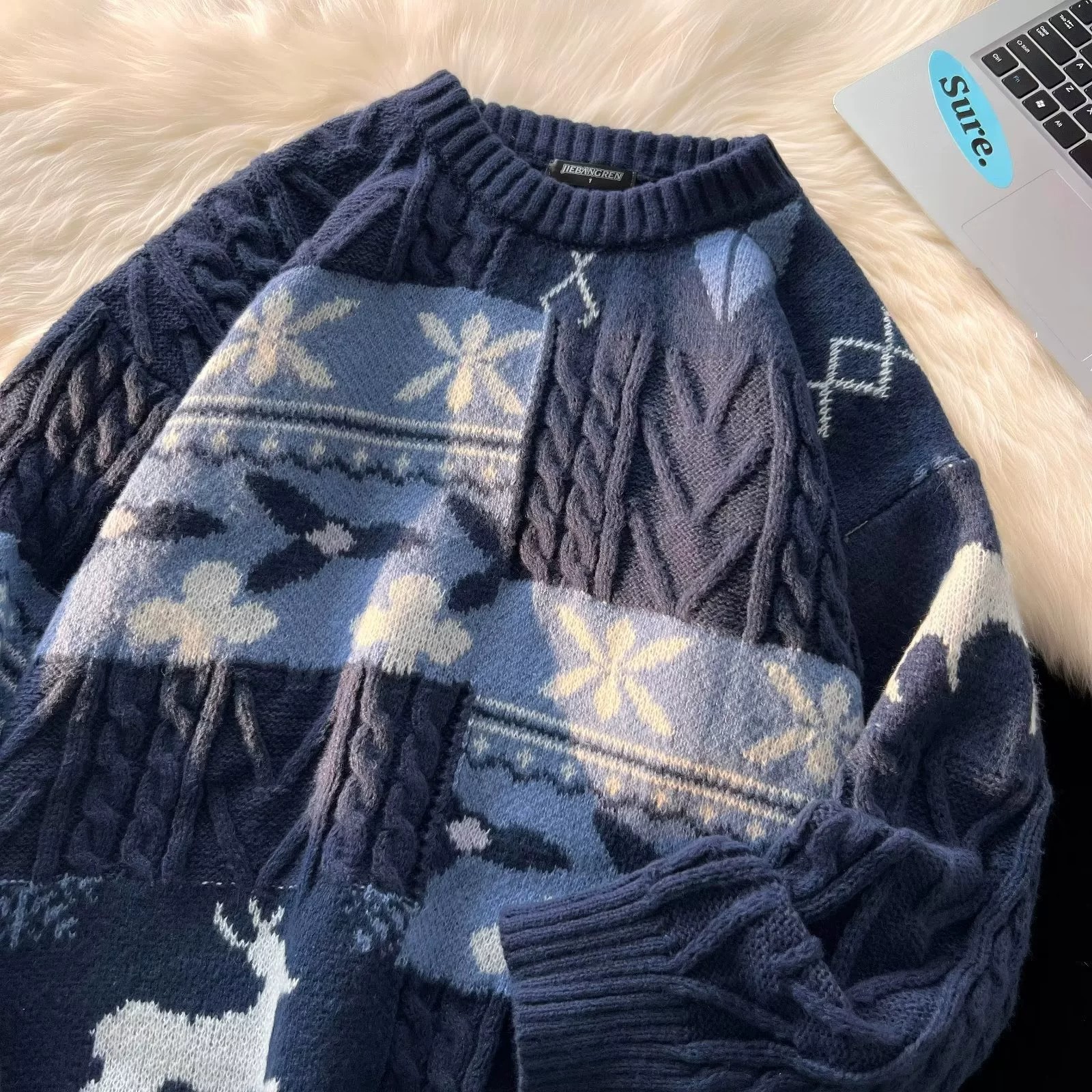 Retro cable-knit sweater for couples, festive cable pattern