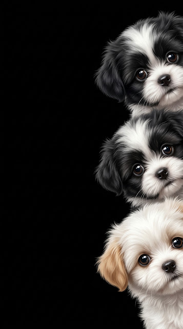 Three Cute Fluffy Puppies Peeking from the Right on Black Background - Free mobile Wallpaper