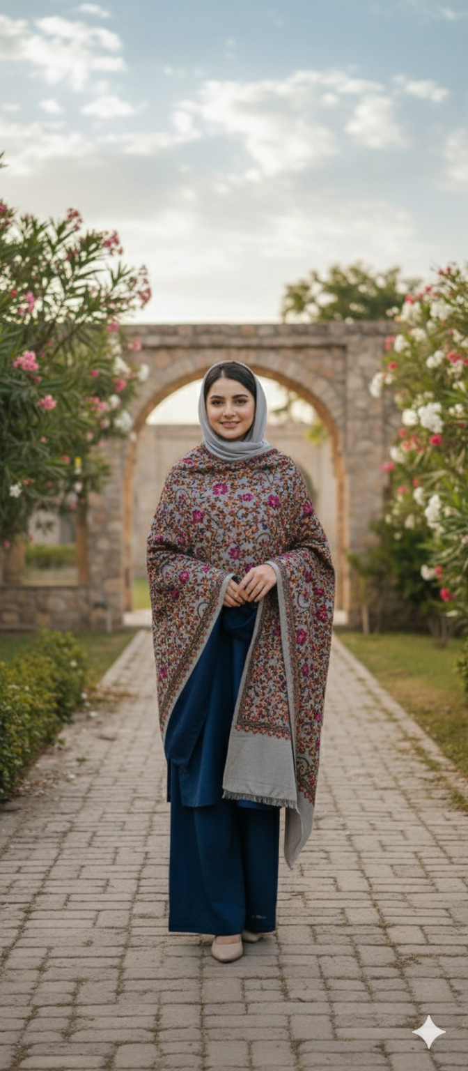 Hand-Embroidered Navy Blue Phulkari Shawl | Pink & Beige Floral Motif Wool Wrap