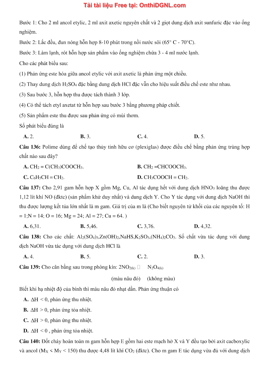 260 bài tập môn Hóa học - Ôn thi ĐGNL ĐHQG Hà Nội Phần 17