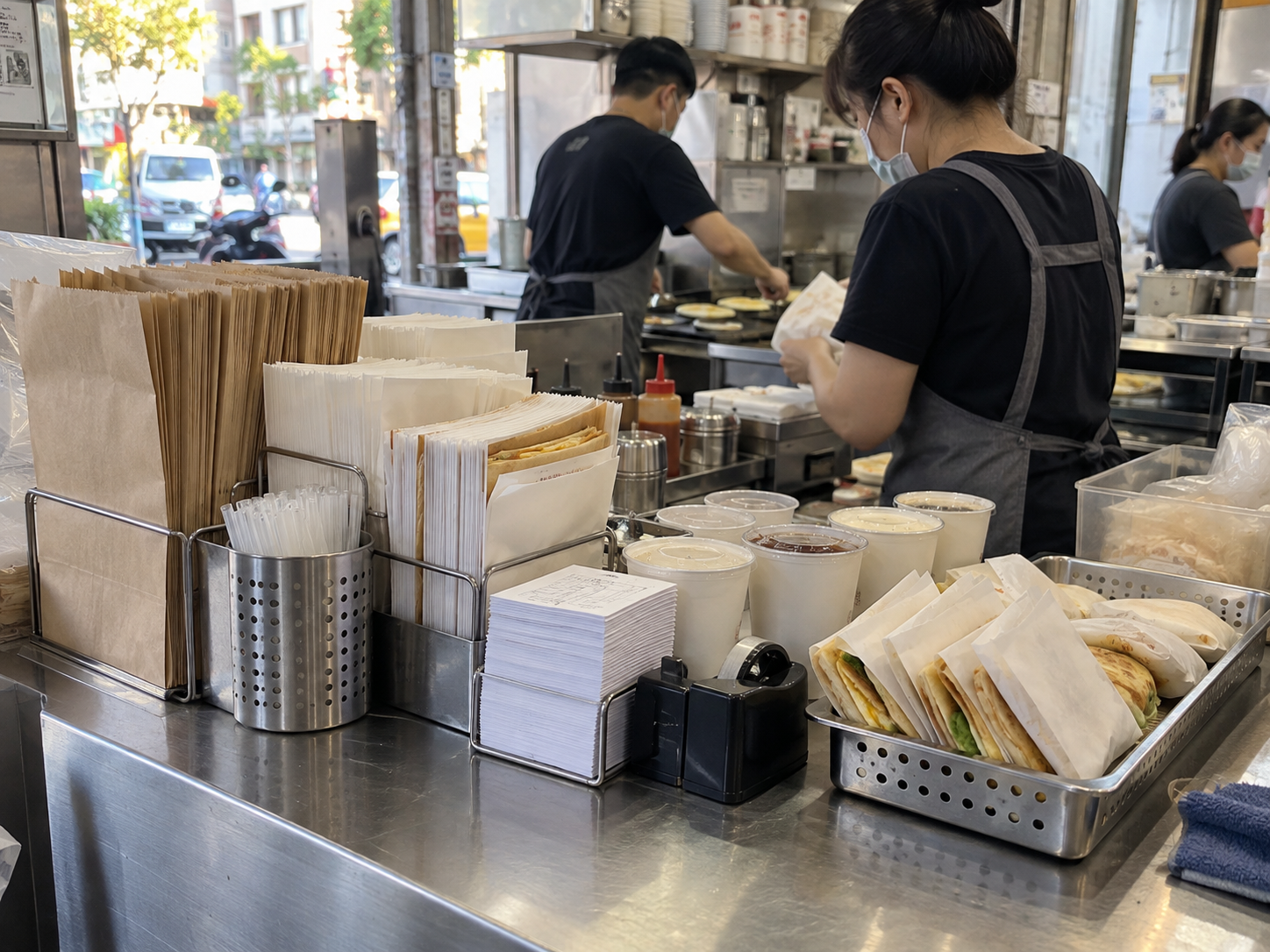 早餐店外帶包材、杯蓋、紙袋與訂單固定排列在包裝工作站
