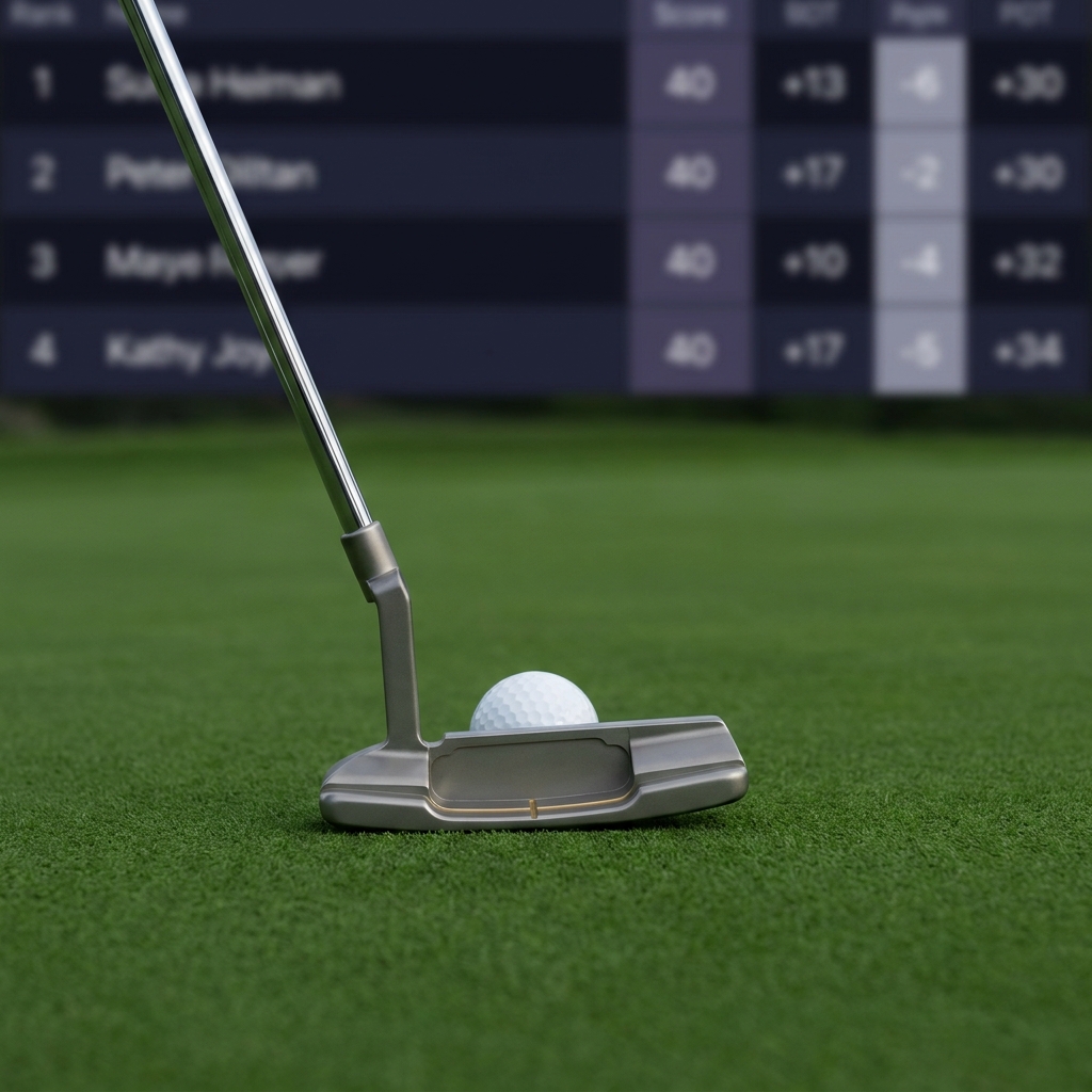Close up of putter and golf ball on a trimmed green with a blurred leaderboard screen in the background providing context for john deere classic odds