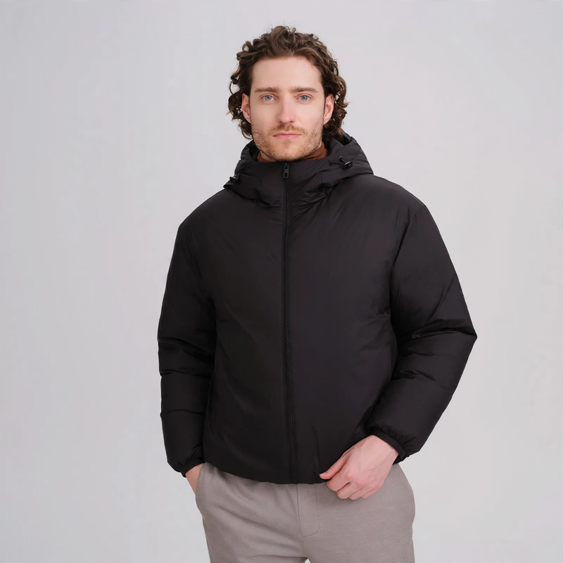 Men's down jacket, short, with hood, white duck down lining