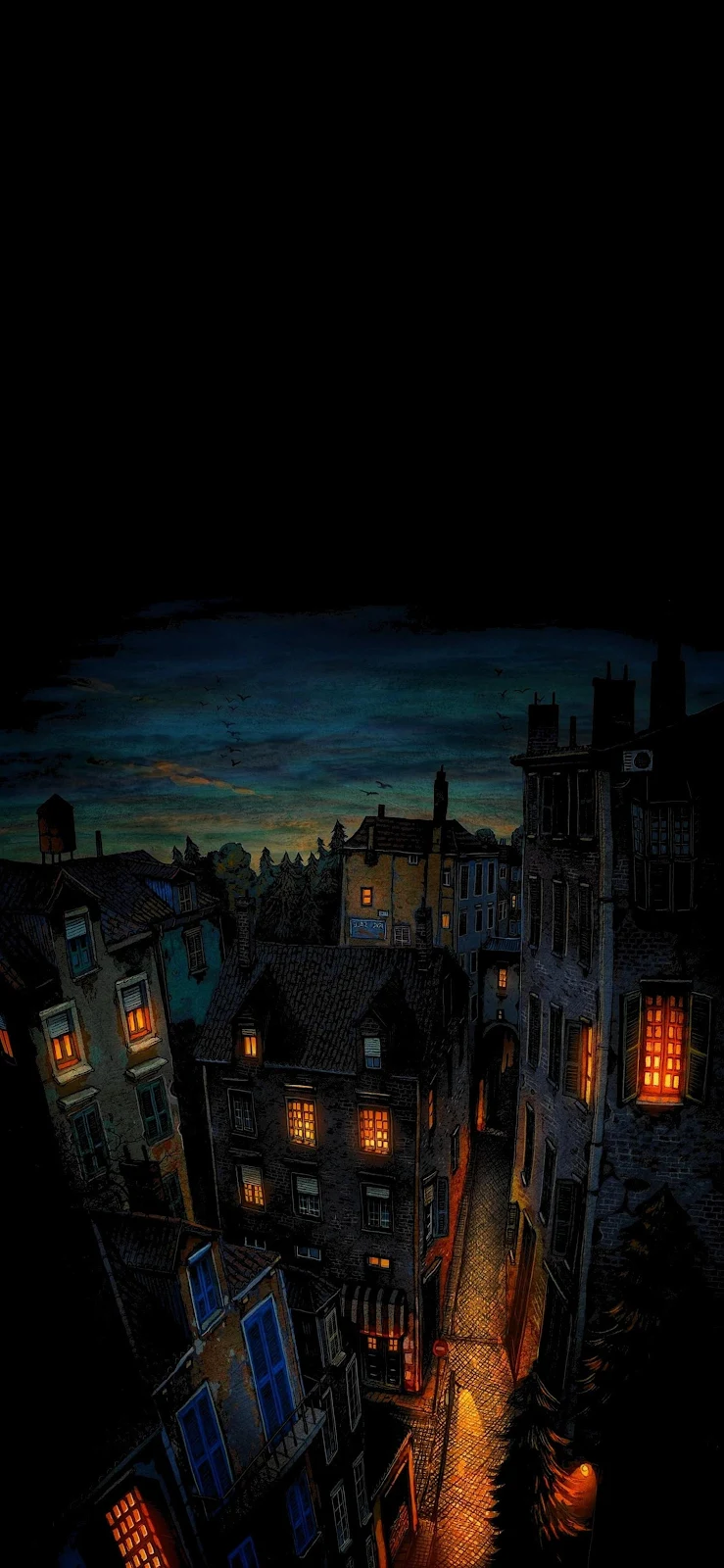 Moody European Alley At Night - Moody Line Art 2K iPhone Wallpaper (1461x3165)
