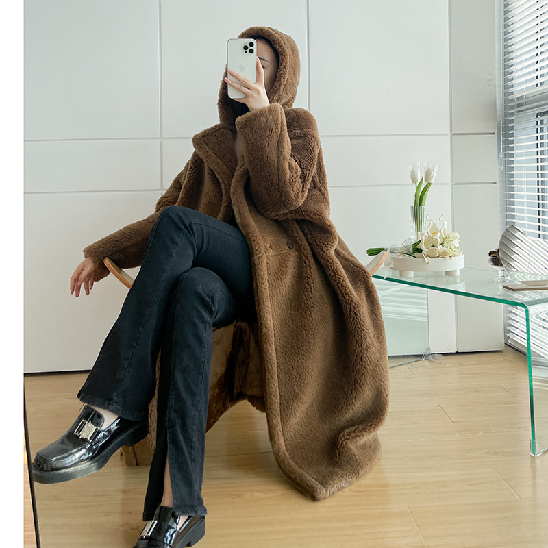 Teddy coat with hood, mid-length, women