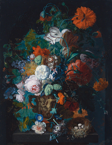 Still Life Of Roses Tulips Peonies And Other Flowers In A Sculpted Stone Vase To