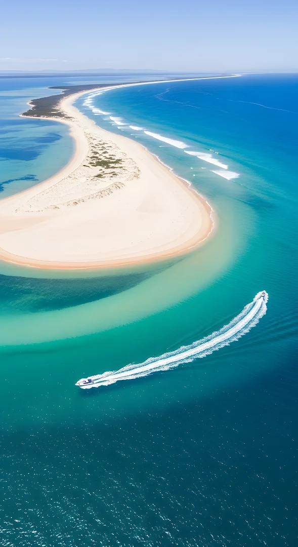 Speedboat Wake Over Turquoise Waters by White Sandbar