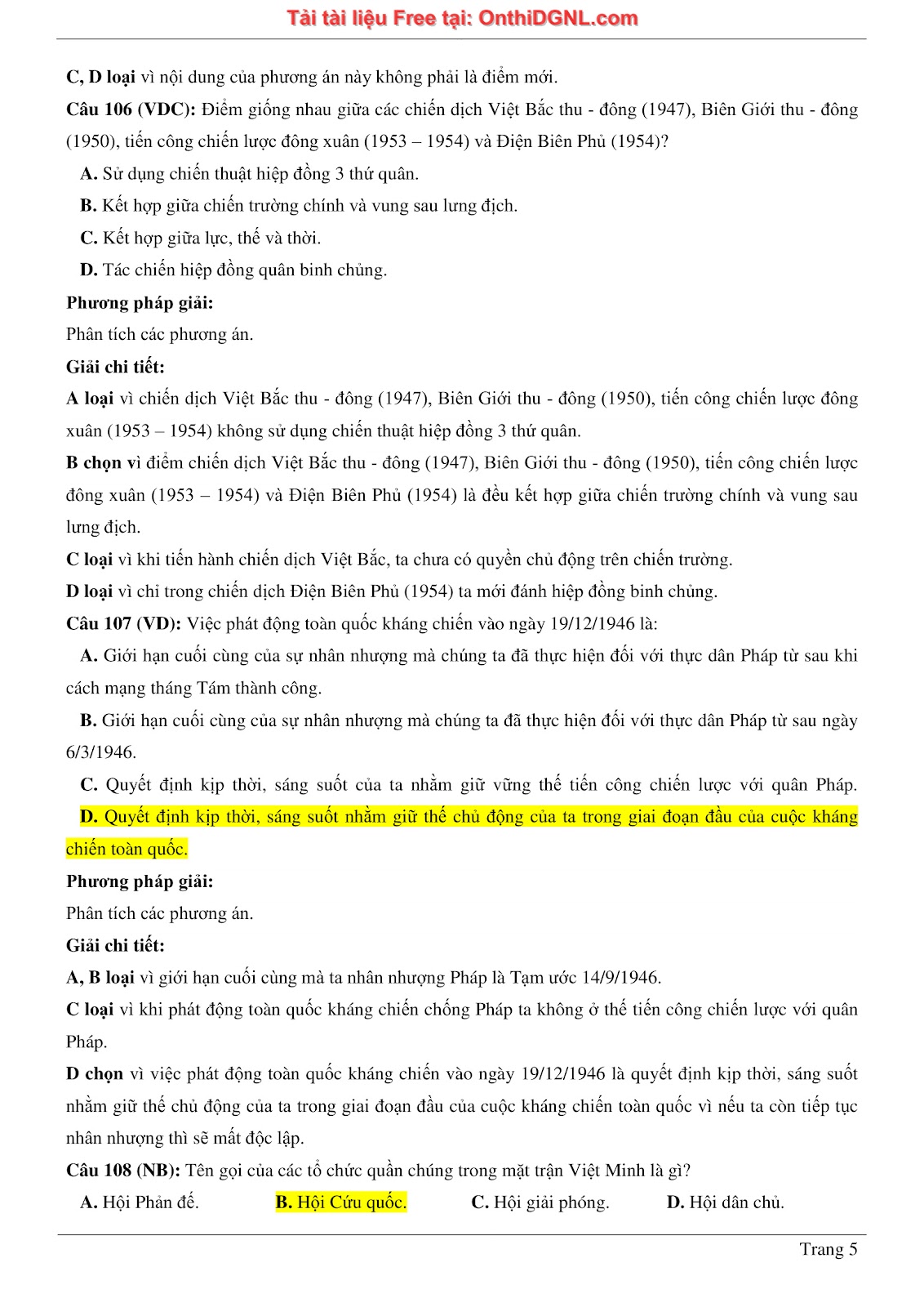 150 bài tập môn Sủ- Ôn thi ĐGNL ĐHQG HN Phần 13