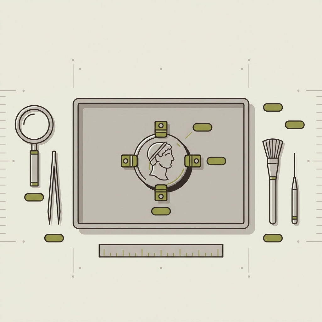 Minimalist vector of a conservators bench documenting a mounted Roman coin with scale markers and plain measurement tags in Aurora Antiqua palette roman coin jewelry