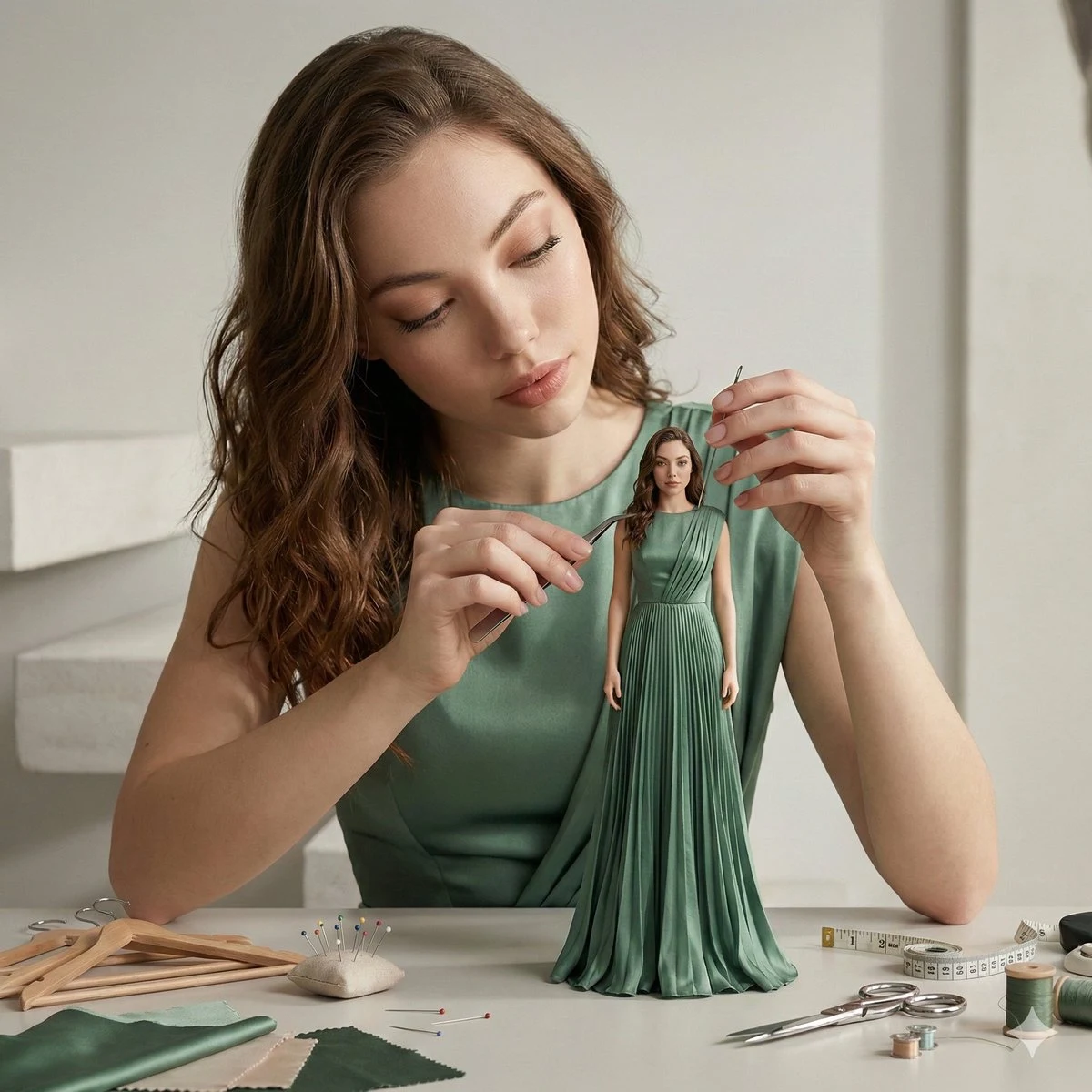 Escena de estudio cinematográfico ultrarrealista de ajustes de moda en miniatura.