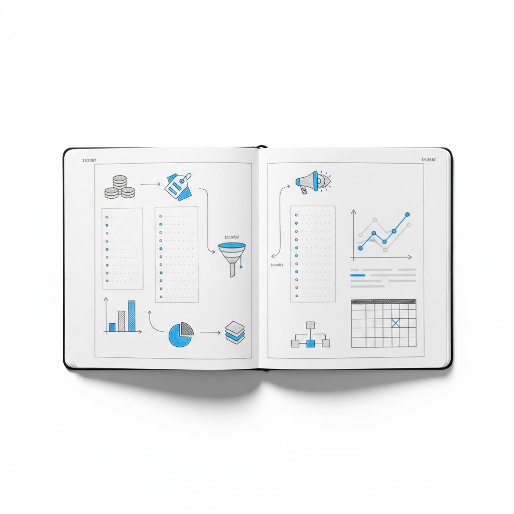 Top-down planner sketch showing campaign budget, CPM and impressions flow for X ads CPM, minimalist line icons in Agency Visible colors #1a5bfb and neutral greys