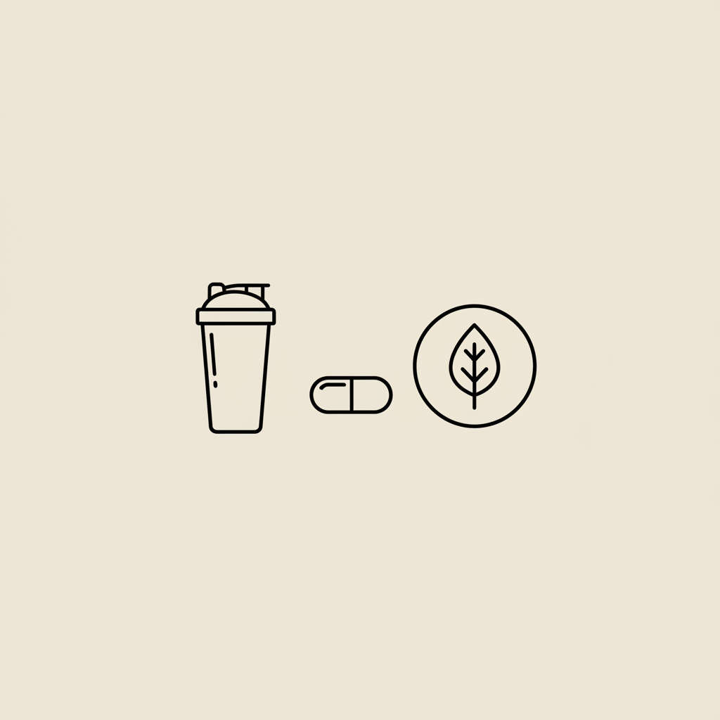 Minimalist vector line illustration of a shaker bottle, capsule, and plate with a leaf on beige background representing protein powder for weight loss