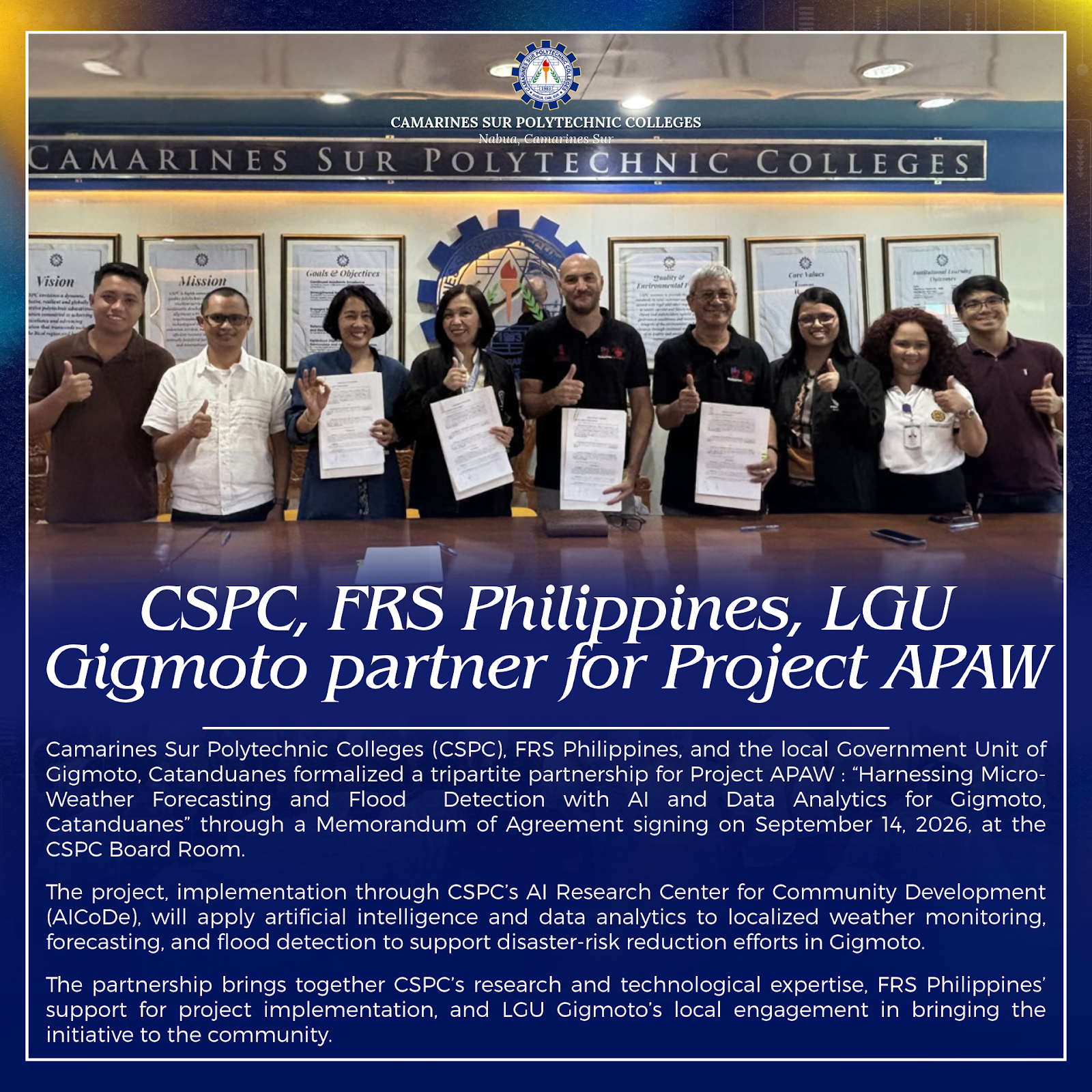 CSPC, FRS Philippines, LGU Gigmoto partner for Project APAW