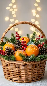 Festive Citrus Basket with Pine Cones and Christmas Berries