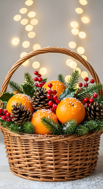 Festive Citrus Basket with Pine Cones and Christmas Berries - Free mobile Wallpaper