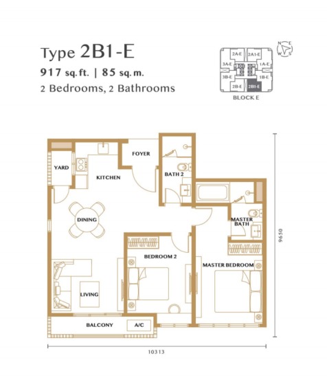 Bangsar Hill Park – Verdura (Tower D and E) Type 2B1-E floor plan — 1338 sq ft, 3 bedrooms
