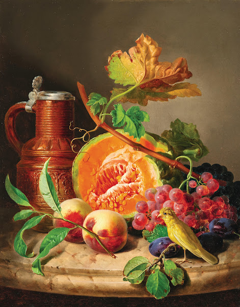 Still Life on a Marble Top with a Pumpkin Grapes a Peach and a Canary