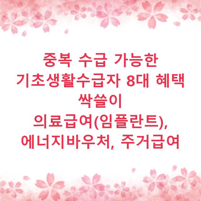 중복 수급 가능한 기초생활수급자 8대 혜택 싹쓸이 의료급여(임플란트), 에너지바우처, 주거급여