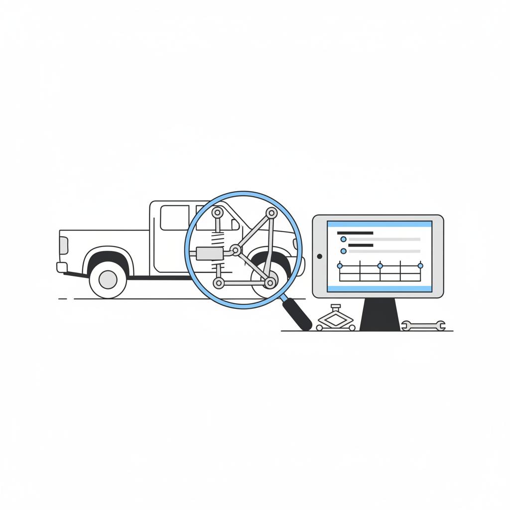 Minimalist 2D vector of a pickup undercarriage inspection with a tablet showing an abstract vehicle history chart, no people, color palette white and blue dodge ram 1500 for sale