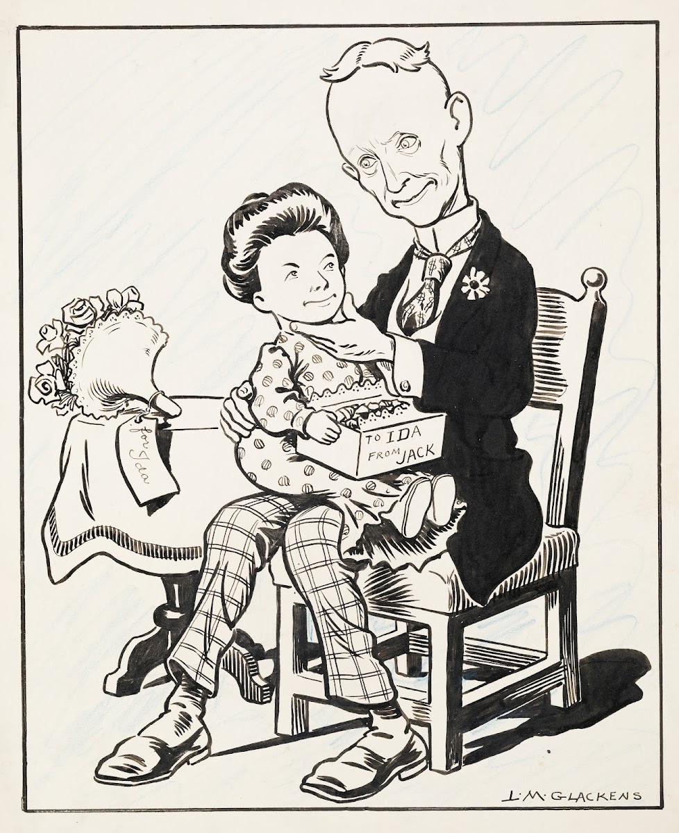 Man seated on a chair with child sized woman on his lap holding candies 1906
