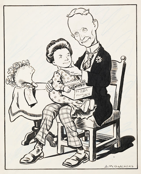 Man seated on a chair with child sized woman on his lap holding candies 1906