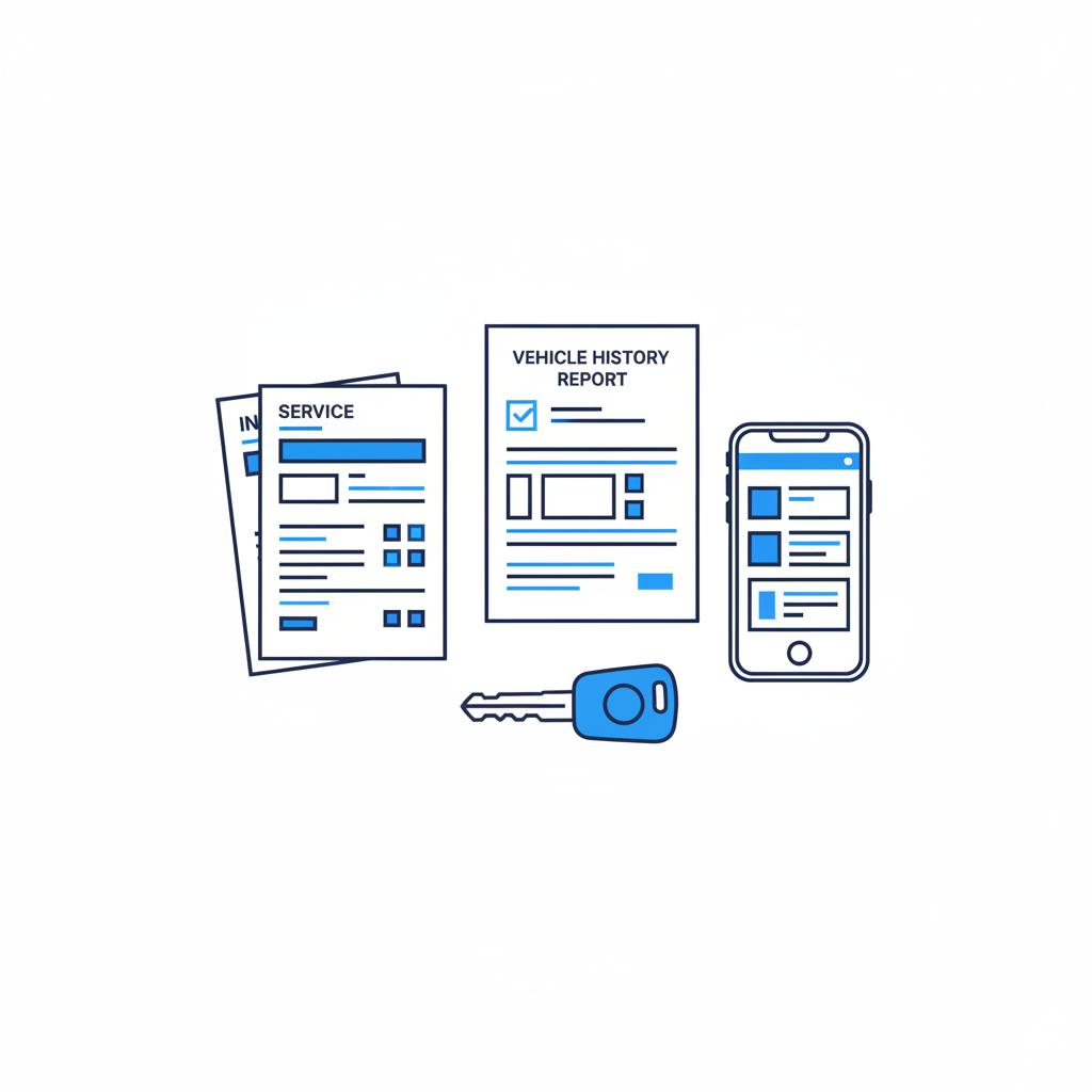Top down vector of service invoices and a vehicle history report beside a phone showing a listing and a key fob on a white table representing lexus es 350 for sale