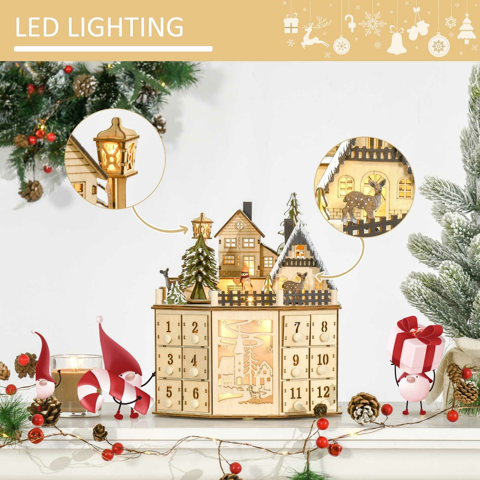 Holz-Adventskalender mit Musik und Dorf-Szene