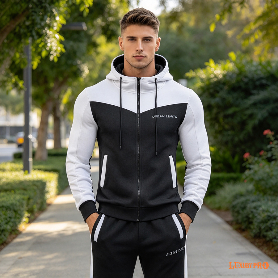 2D Spliced Hooded Zip Up Sweatshirt + Sports Cuffed Jogger Pants