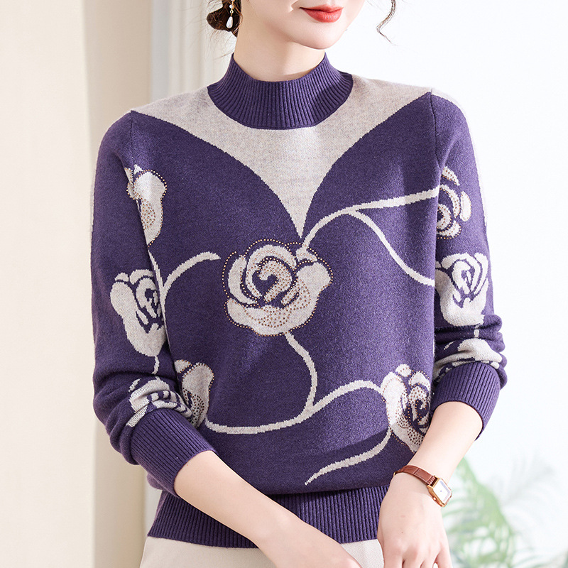 Women's knitted sweater with stand-up collar and floral pattern