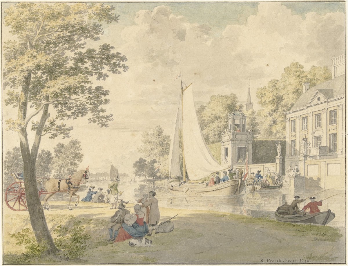 Zomers landtafereel met plezierschepen 1748