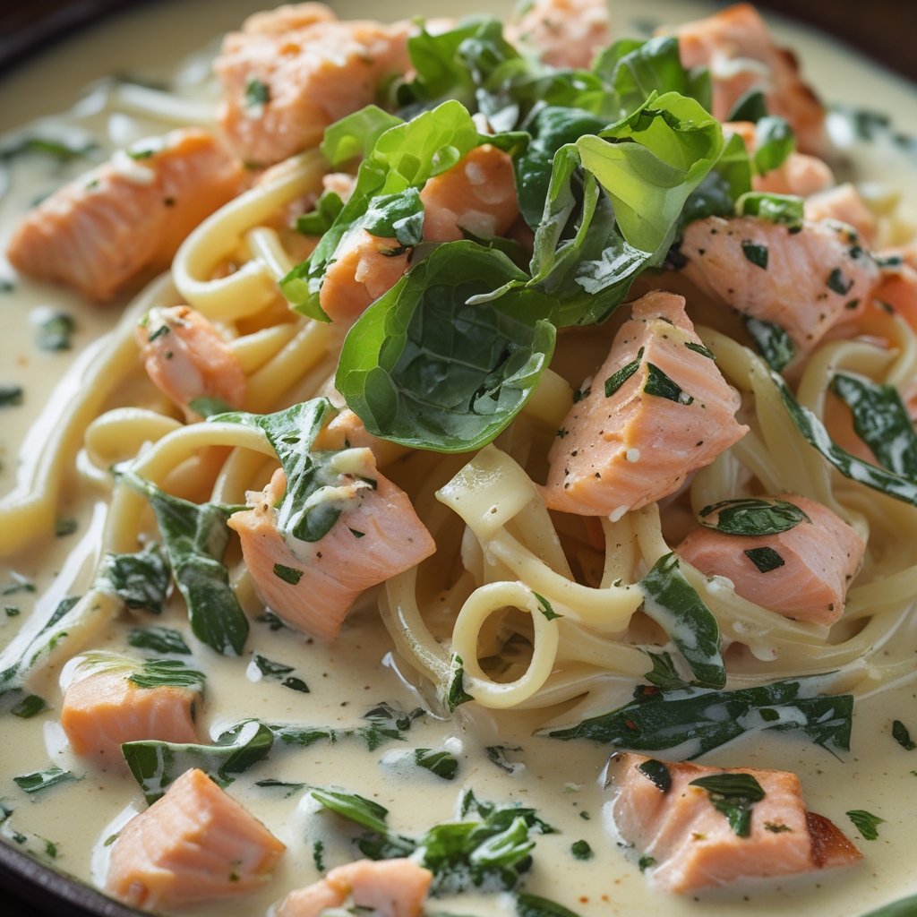 Creamy Salmon Pasta with Mixed Greens Under 30 Minutes – Easy Weeknight Dinner finished