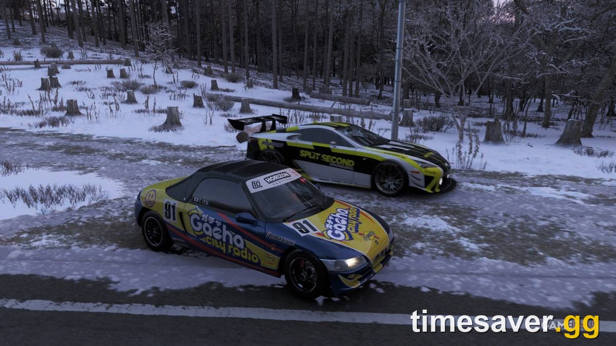 Forza Horizon 6 liveried Honda Beat kei car on a snowy mountain touge road next to a Lexus LFA — a light C-class touge pick