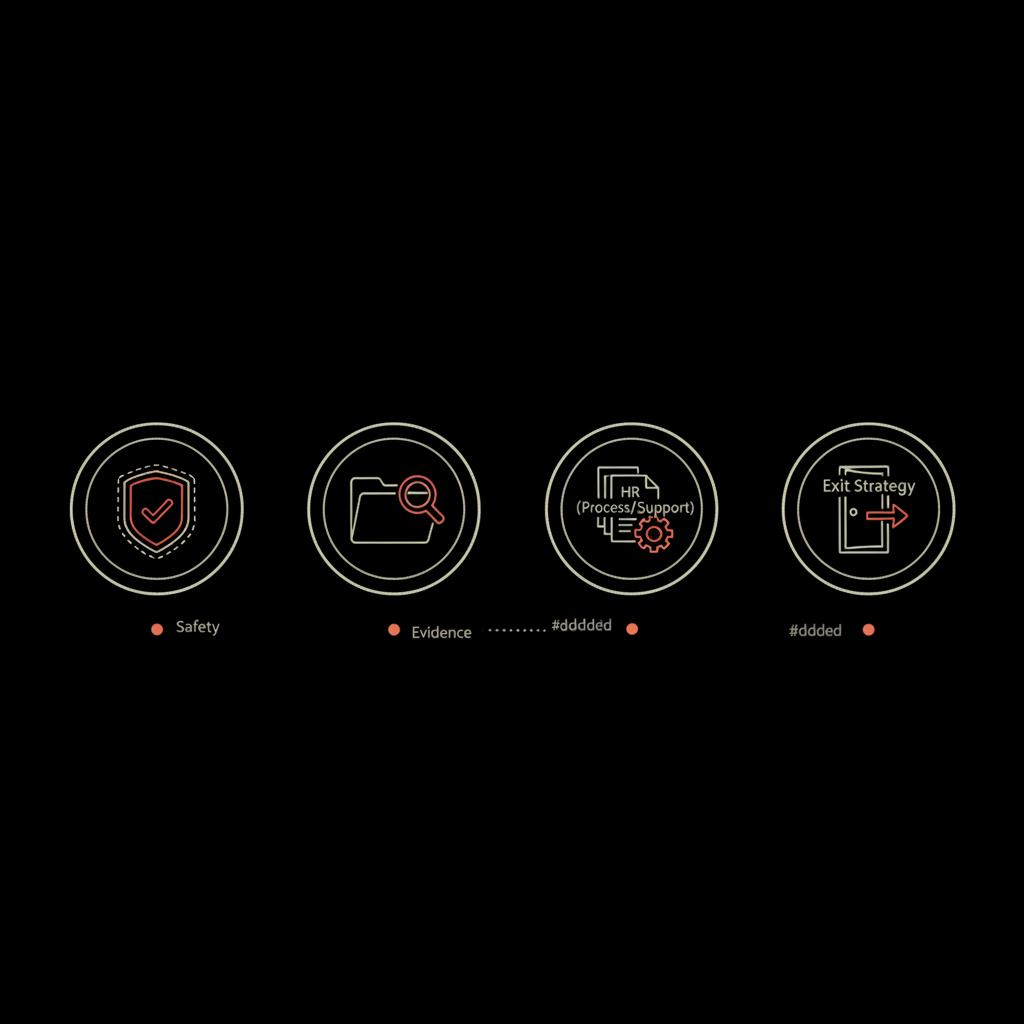 Minimal 2D vector checklist infographic on black background with icons for safety, evidence, HR and exit strategy to protect yourself from a manager