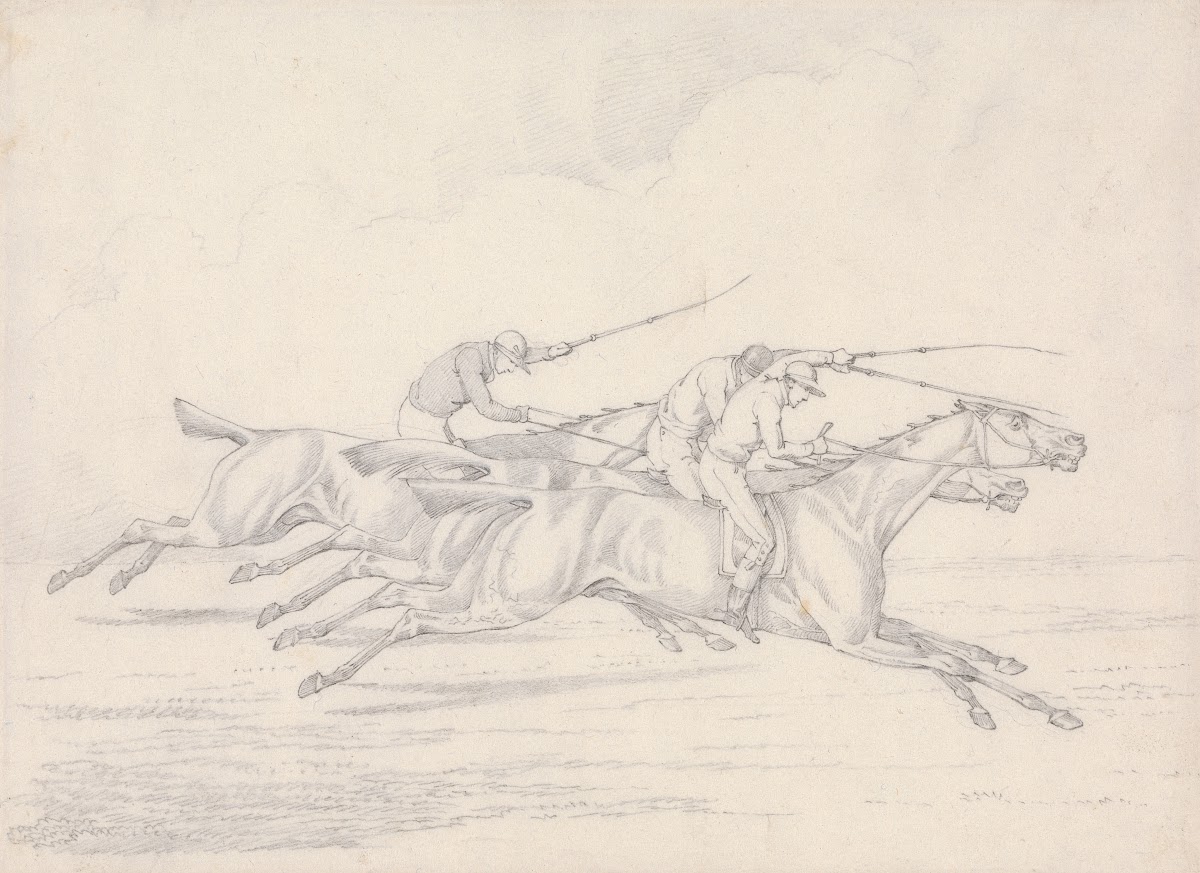 Scraps no 17 Racing Three Horses with Jockeys Up Galloping to Right