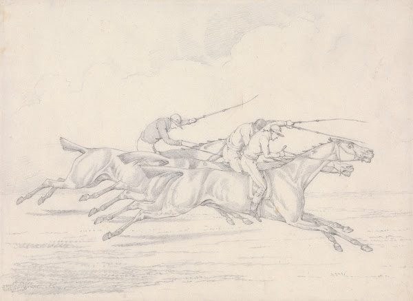 Scraps no 17 Racing Three Horses with Jockeys Up Galloping to Right