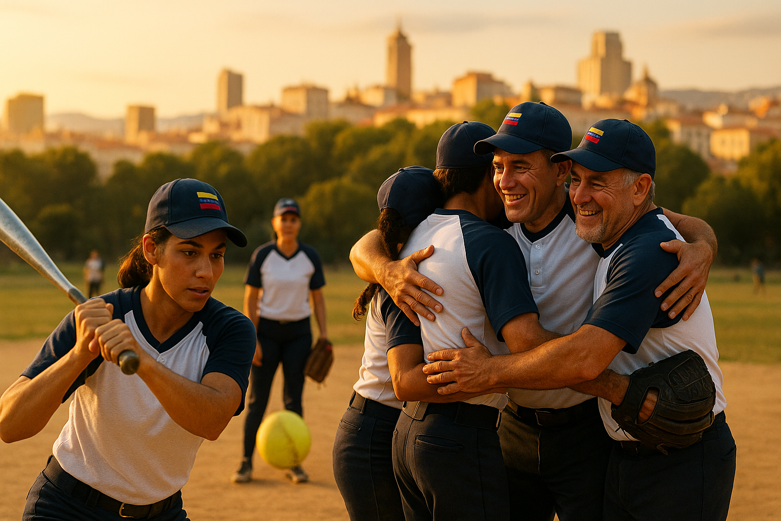 Venezolanos de la diáspora jugando softbol en un parque urbano al atardecer