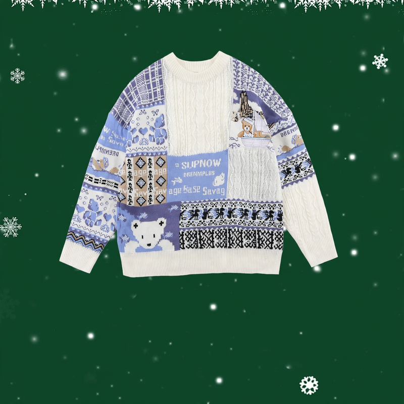Retro Knitted Sweater with Cable Pattern and Bear Motif