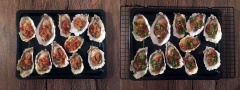 Đặt hàu lên khay nướng, rưới phần sốt ớt tỏi lên trên con hàu. Cho khay hàu vào lò nướng ở 195 độ C khoảng 9 phút là hàu chín thơm, ngon lành. Lấy hàu ra rắc thêm chút rau mùi nữa là xong.