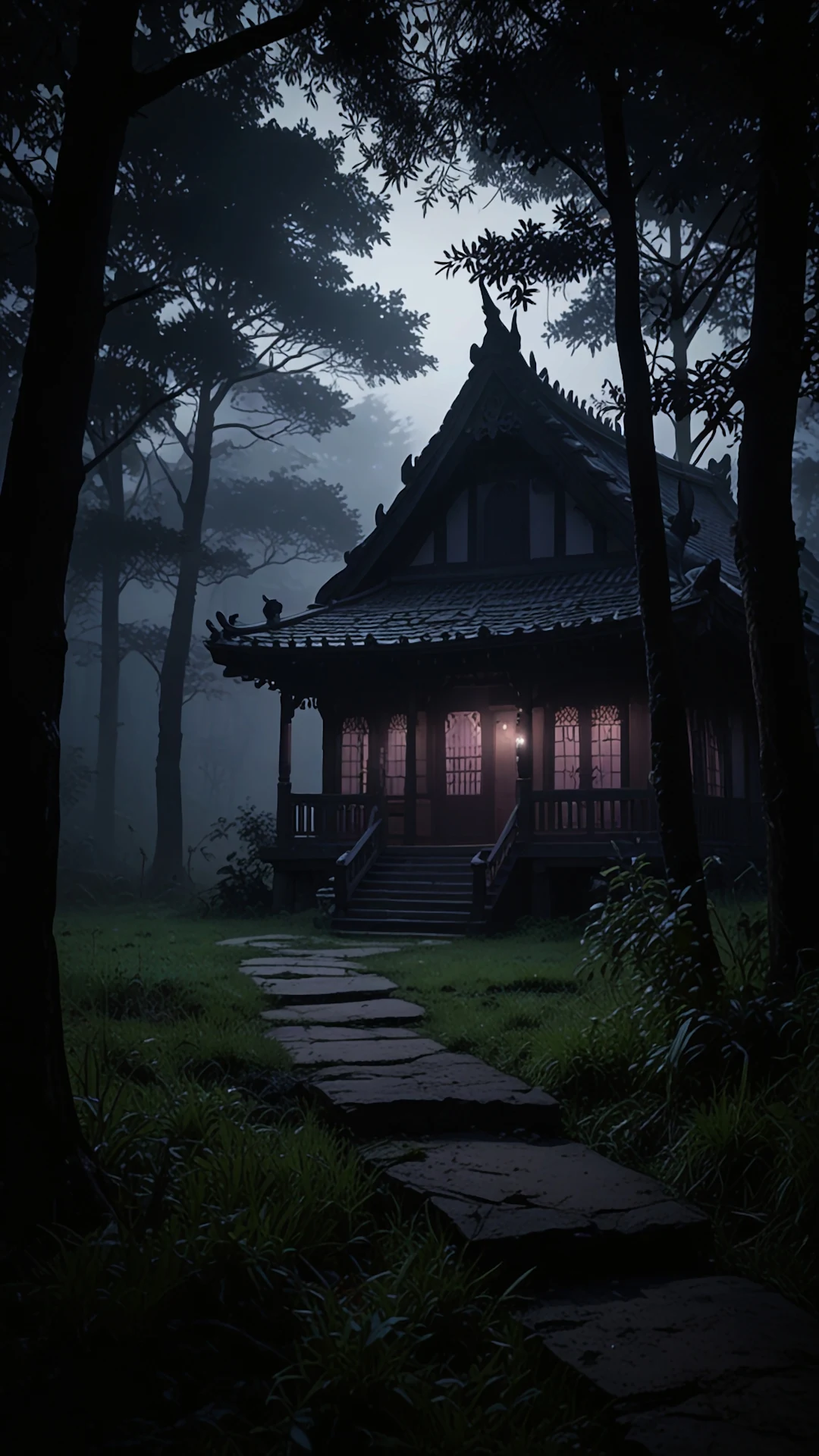 Mysterious Japanese Temple in Foggy Dark Forest Path - Free 4K mobile Wallpaper