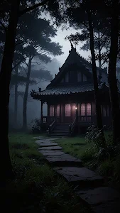 Mysterious Japanese Temple in Foggy Dark Forest Path