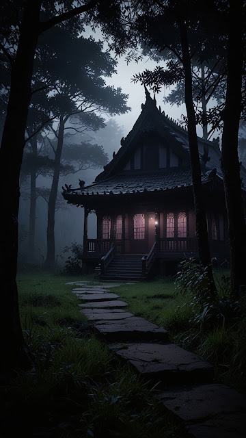 Mysterious Japanese Temple in Foggy Dark Forest Path - Free mobile Wallpaper