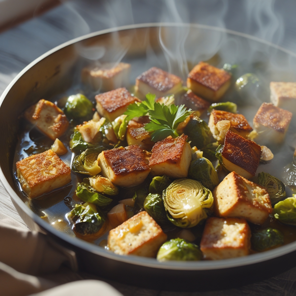 Crispy Tofu & Roasted Garlic Brussels Power Skillet