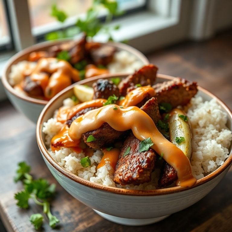 Irresistible Korean BBQ Steak Rice Bowls with Spicy Cream Sauce — Quick Homemade Dinner finished