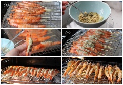 Tôm cắt bớt phần râu và ngạnh cứng ở đầu. Dùng que tre xiên dọc theo mình con tôm. Dùng mũi dao nhọn hoặc kéo rạch sống lưng, lấy chỉ đen. Rửa sạch và thấm khô. Trộn tất cả các nguyên liệu còn lại. Dùng muỗng nhỏ xúc hỗn hợp bơ tỏi này đổ vào phần sống lưng tôm đã rạch sẵn. Nếu dùng còn thừa thì có thể phết lên mình tôm. Đem tôm nướng ở 200-210 độ C khoảng 25-30 phút(không bật lò trước).