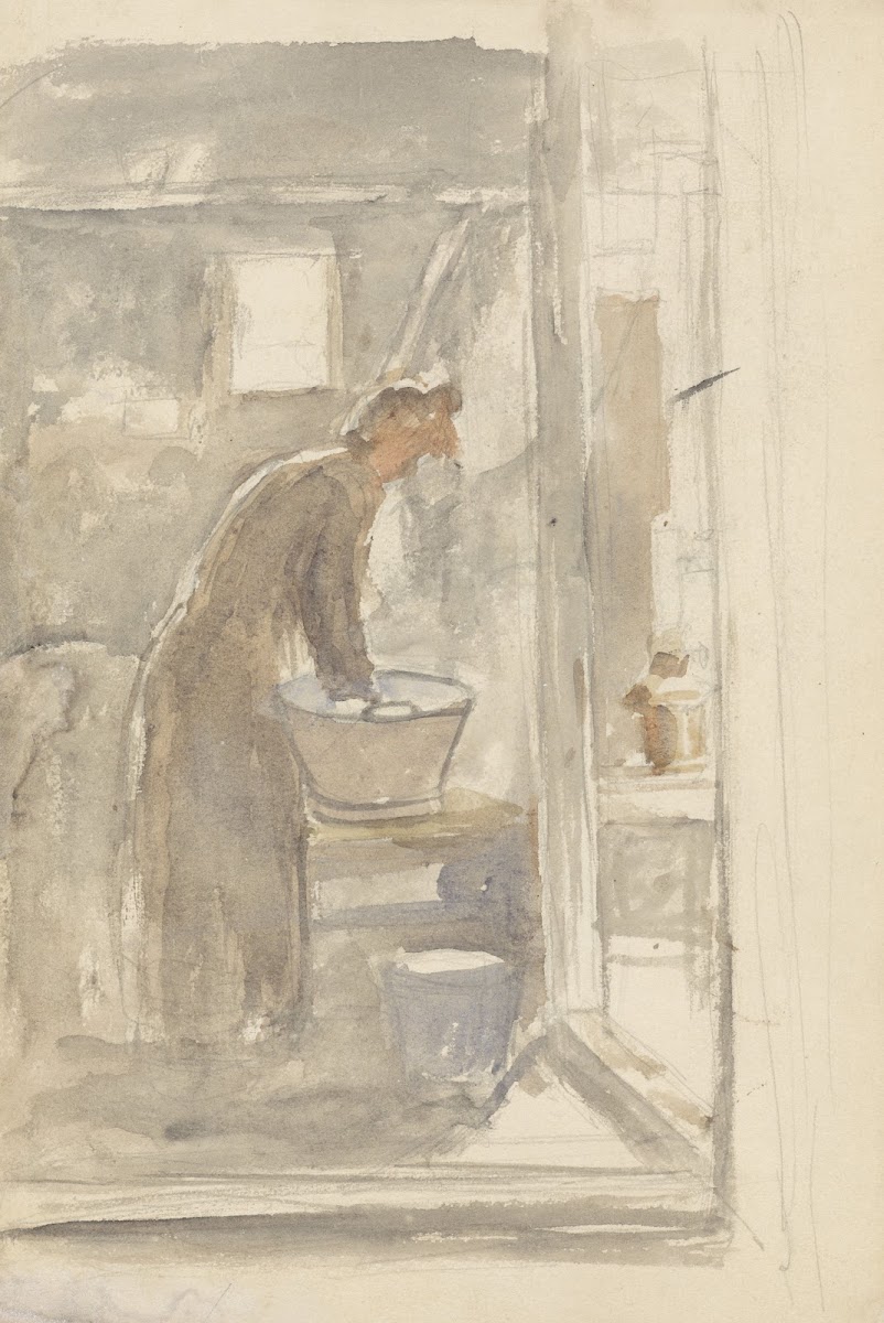 Interieur met vrouw aan de wastobbe 1834   1911