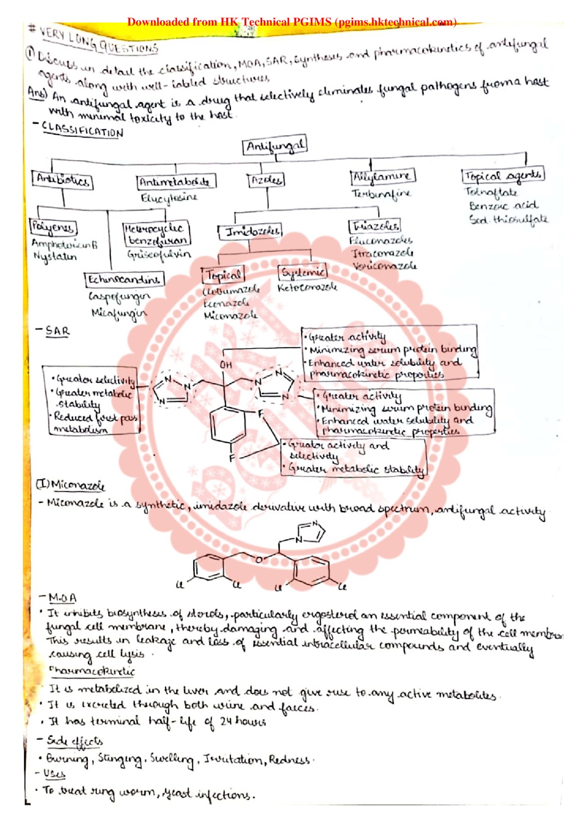 Anti fungal agents Medicinal chemistry 4th Semester B.Pharmacy ,BP402T Medicinal Chemistry I,BPharmacy,Handwritten Notes,Important Exam Notes,BPharm 4th Semester,