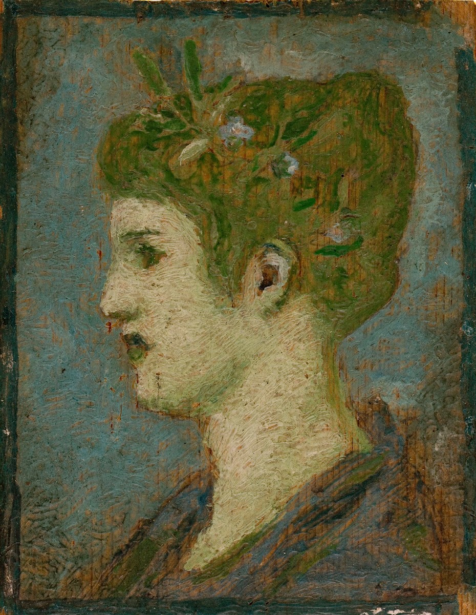 Tête de femme couronnée de feuillage profil gauche 1880