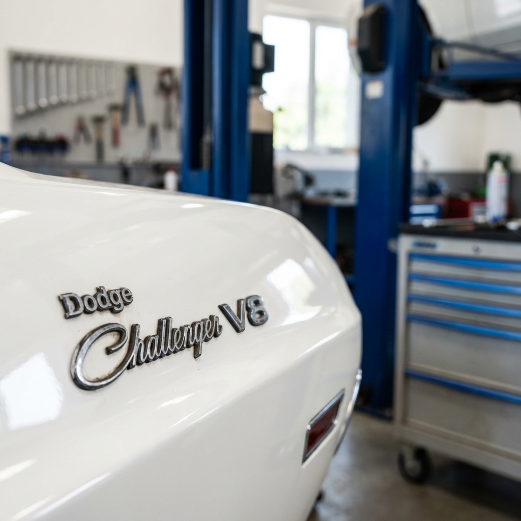 Close up of a used Dodge Challenger emblem and V8 badge on a glossy rear panel with blurred repair shop background suggesting maintenance and parts costs used dodge challenger for sale