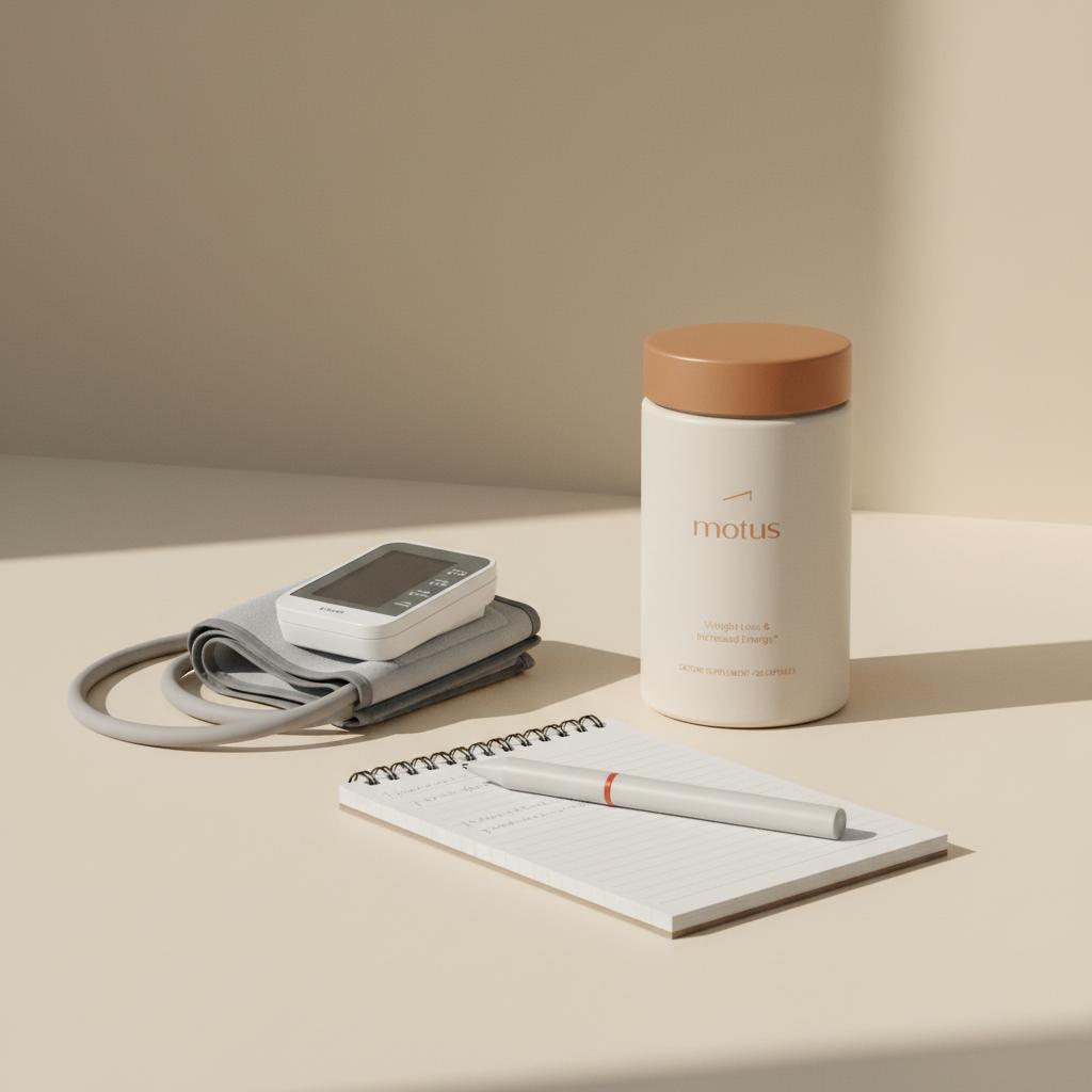 Still-life of Tonum Motus container beside a home blood pressure cuff and notepad, illustrating daily tracking of metabolic health components and measured progress.